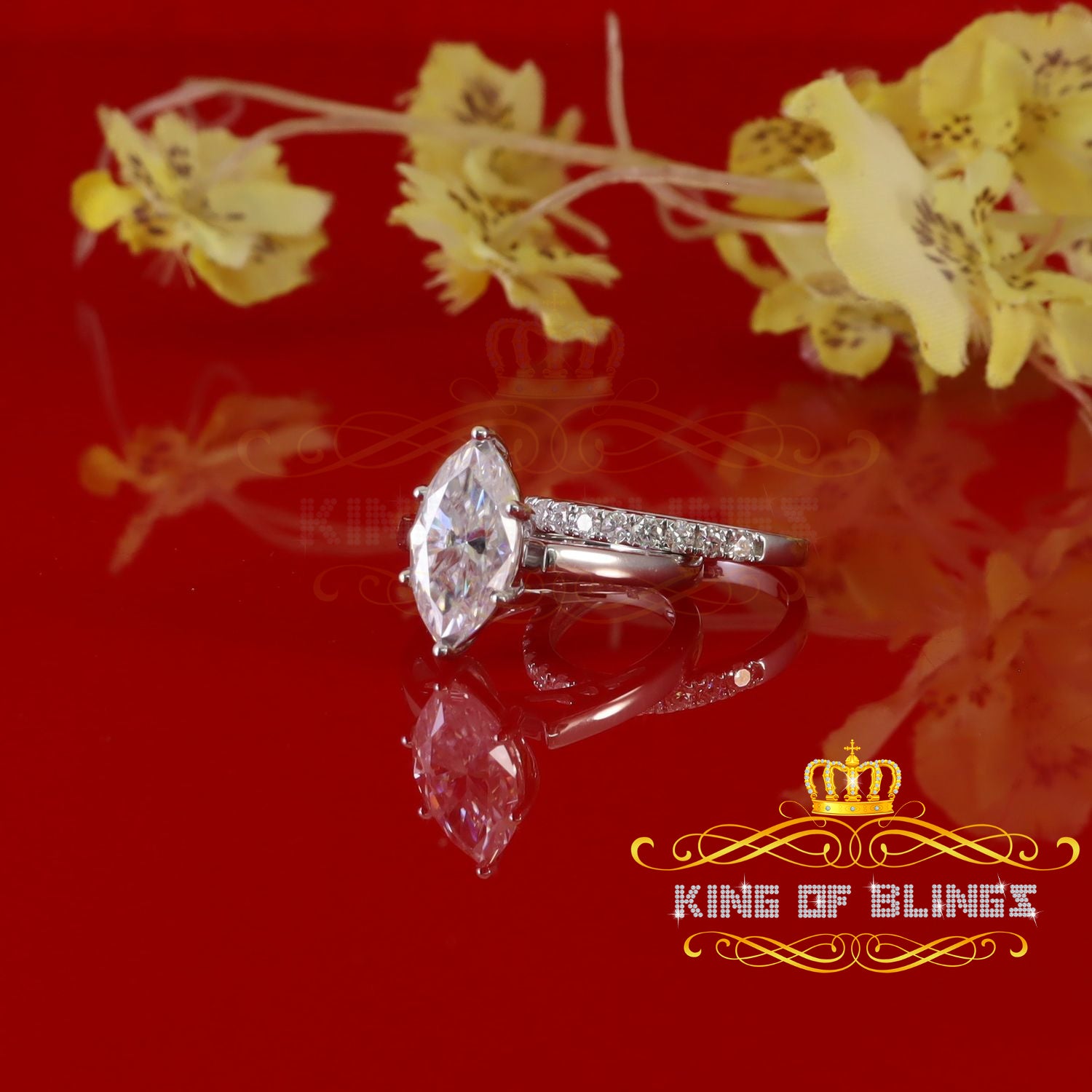 King of Bling's 925 Silver Mens/ Women Bridal Ring Marquise Shape Size 8 White 5.00ct Moissanite KING OF BLINGS