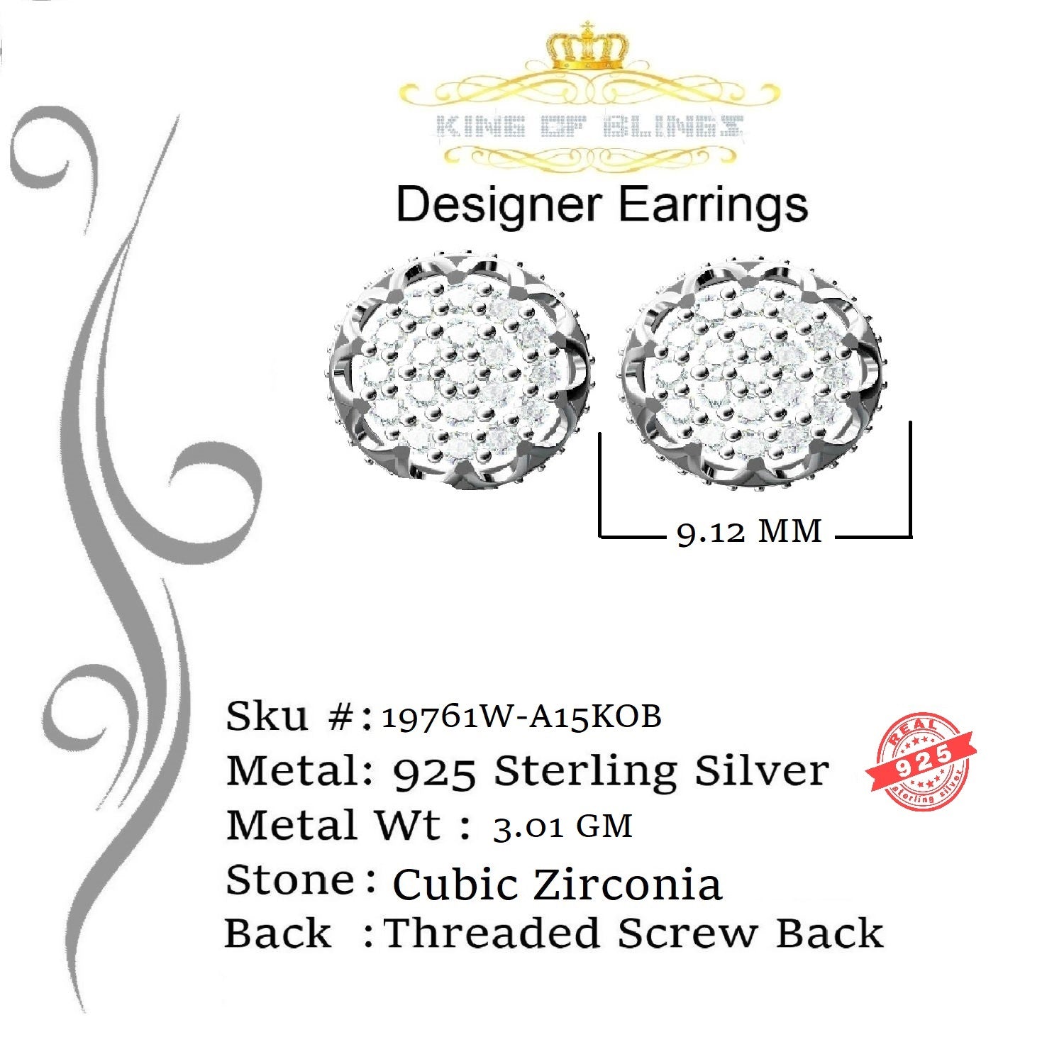 King of Blings- 925 White Sterling Silver 0.58ct Cubic Zirconia Women's Hip Hop Flower Earrings KING OF BLINGS