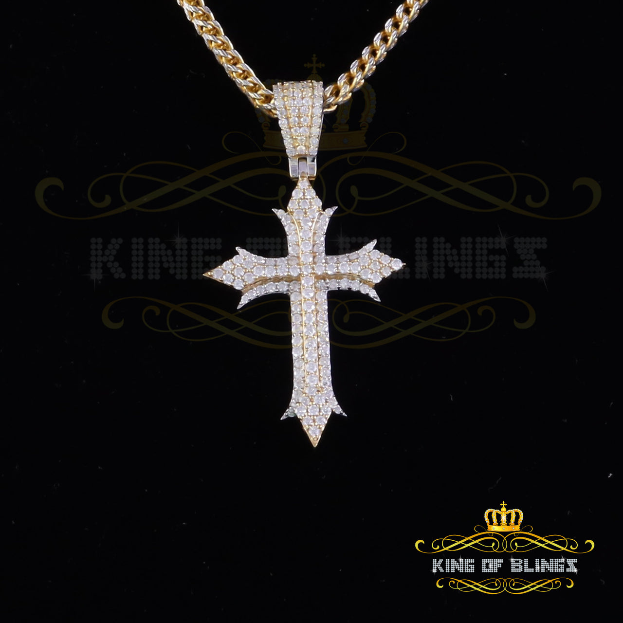 King Of Bling's Charm Cross Pendant Shiny 2.0ct VVS D Moissanite Yellow Silver Men's & Women's KING OF BLINGS