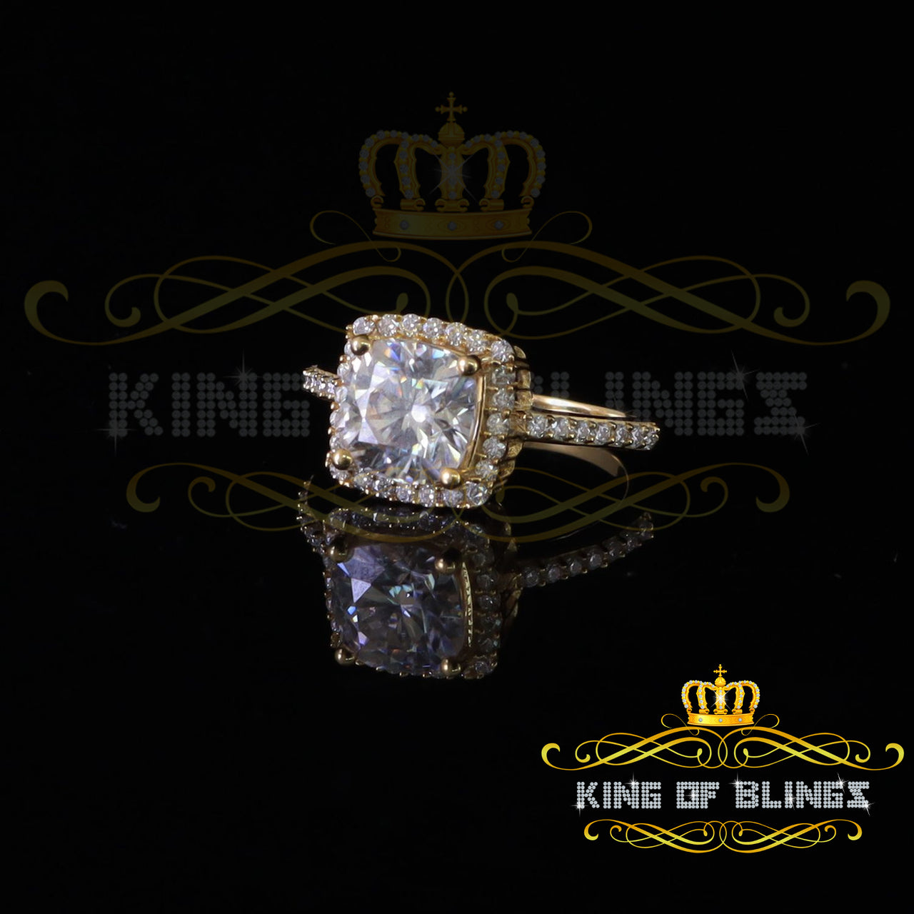 King Of Blings  10K Yellow Gold 3.00CT 'VVS' 'FL' D clr Cushion Cut Moissonite Womens Ring S/7