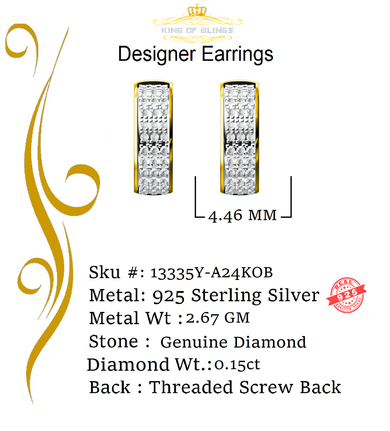 King of Blings-0.15ct Diamond Sterling Silver Yellow H oop Stud Earrings For Men's / Women's