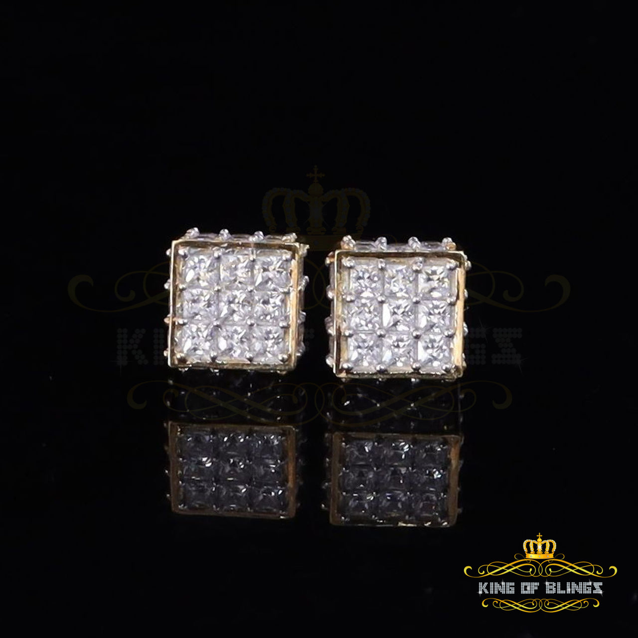 King of Bling's 925 Yellow Silver Screw Back Cubic Zirconia 5.94ct Women & Men Square Earrings
