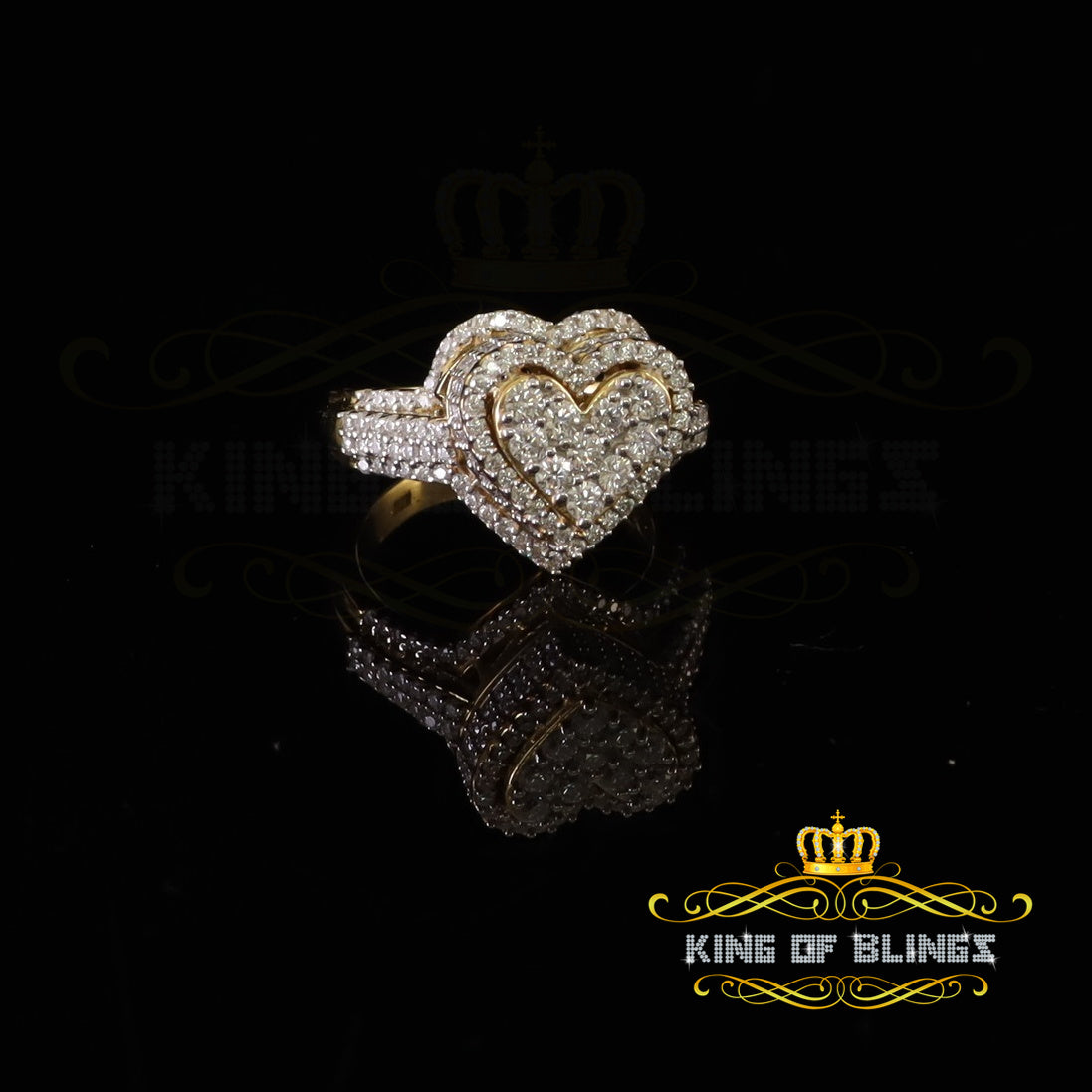 King of Bling's 925 Silver Yellow 2.50CT Women's VVS 'D' Moissanite 3D Double Heart Ring Size7 KING OF BLINGS