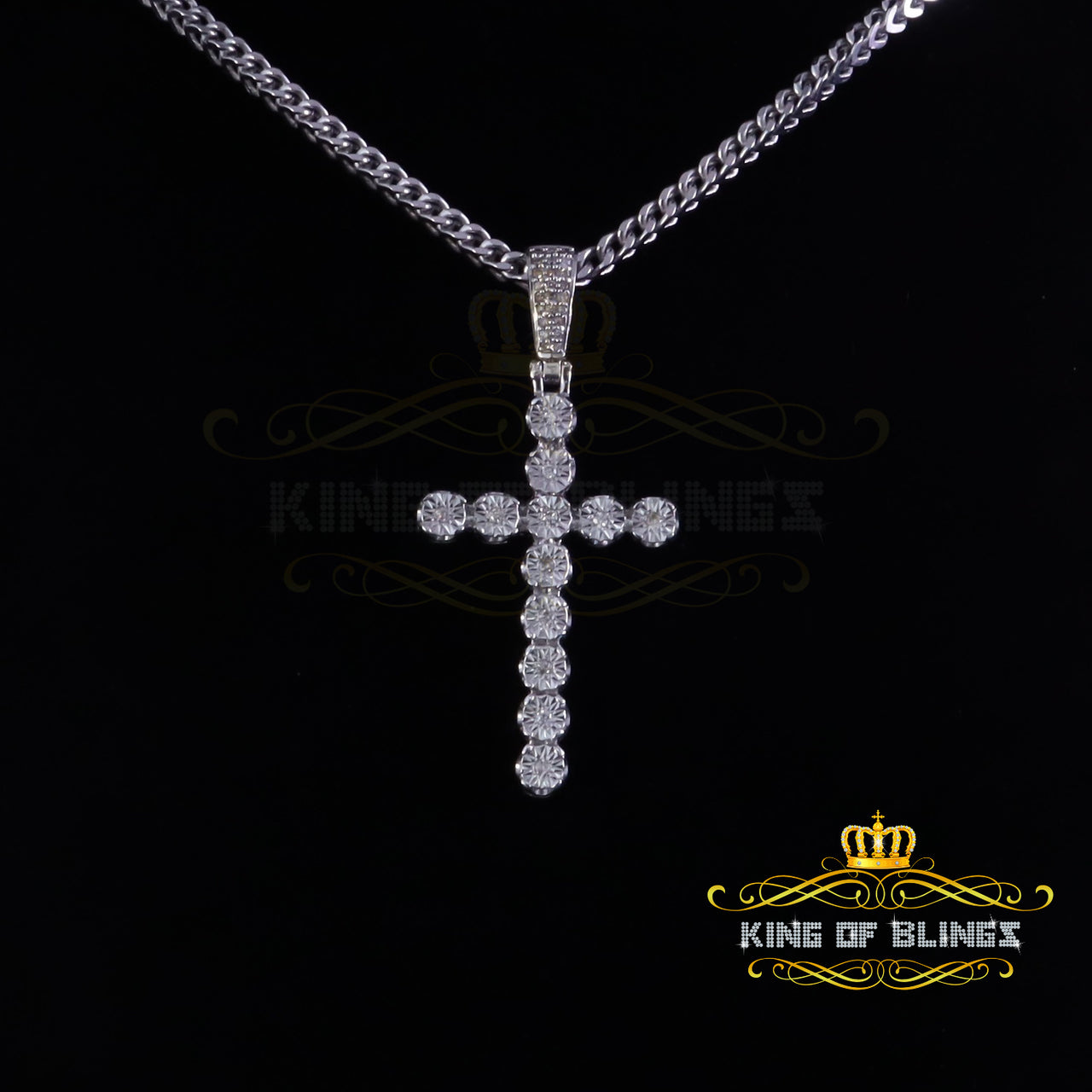 King Of Bling's 925 Sterling Silver 0.15CT Real Diamond Round with Cross White Necklace Pendant