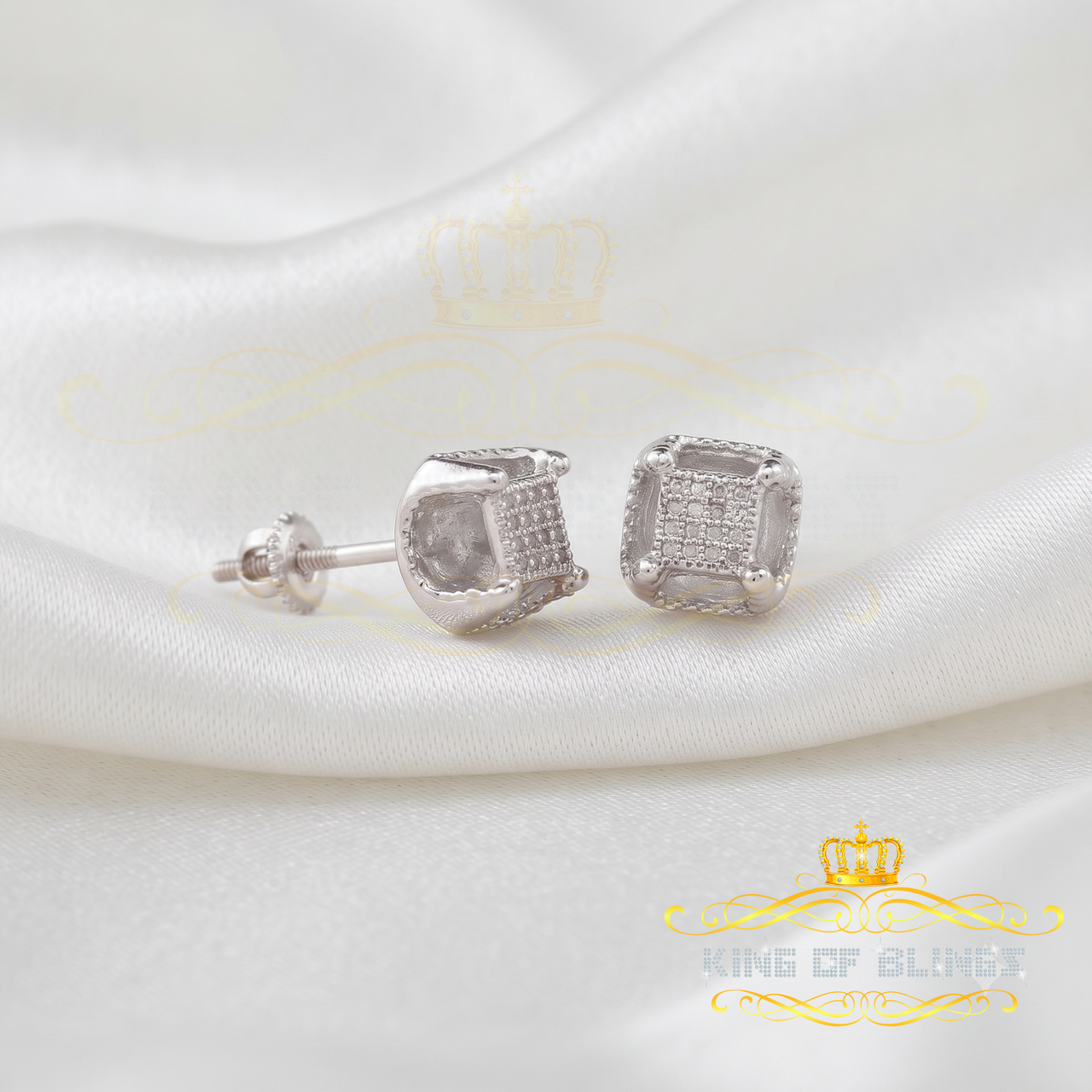 King Of Bling's 0.10 ct Real Diamond 3D Puff Cushion Square Crown White 925 Silver Stud Earrings
