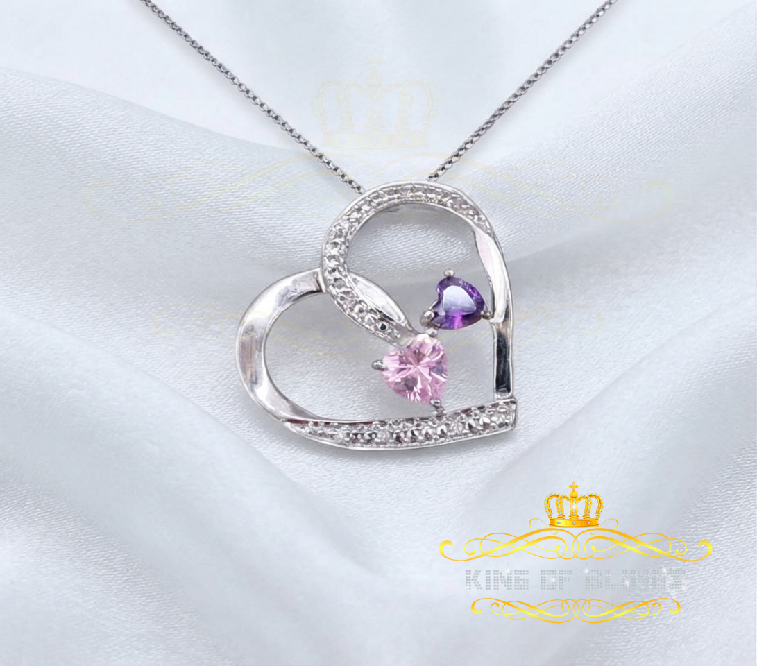 King Of Bling's Two Stones Pink Blue Heart Solitaire 0.1ct Silver Diamonds White Charm Pendant KING OF BLINGS
