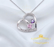 King Of Bling's Two Stones Pink Blue Heart Solitaire 0.1ct Silver Diamonds White Charm Pendant KING OF BLINGS