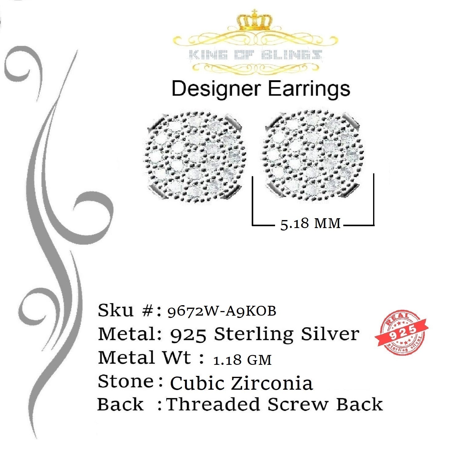 King of Blings- 925 White Silver Aretes Para Hombre 0.30ct Cubic Zirconia Women's Round Earrings KING OF BLINGS