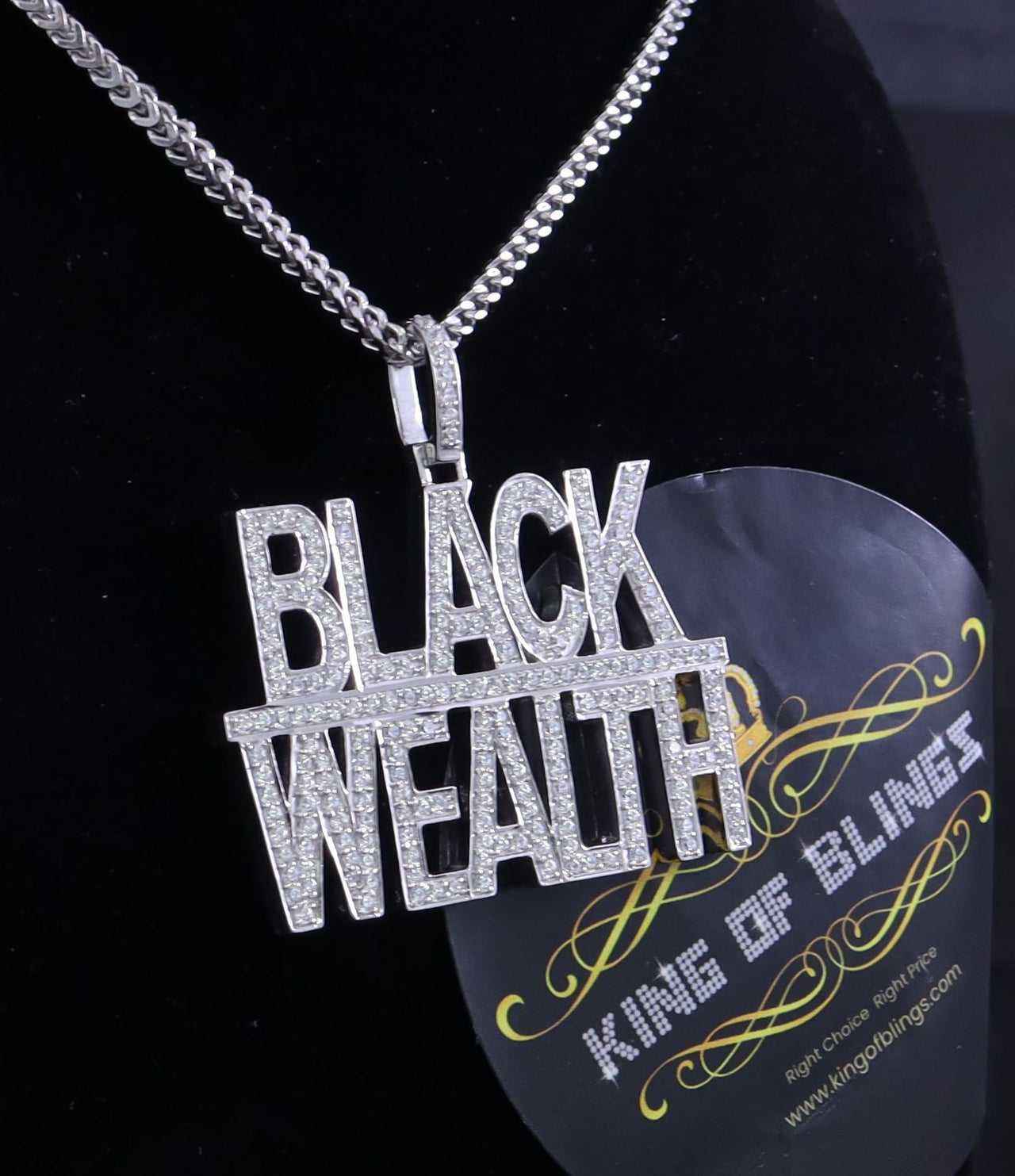 King Of Bling's White 925 Sterling Silver BLACK WEALTH Sign Pendant with 9.30ct Cubic Zirconia
