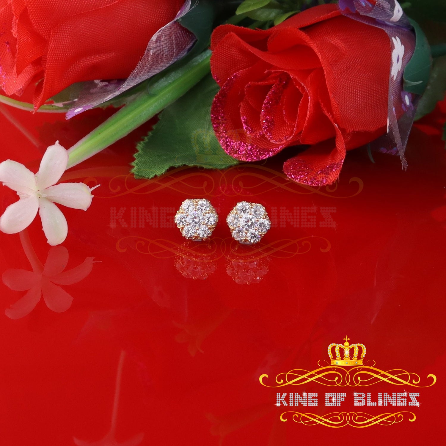 King of Bling's 2.00ct Cubic Zirconia 925 Yellow Silver Sterling Hip Hop Floral Women's Earrings KING OF BLINGS