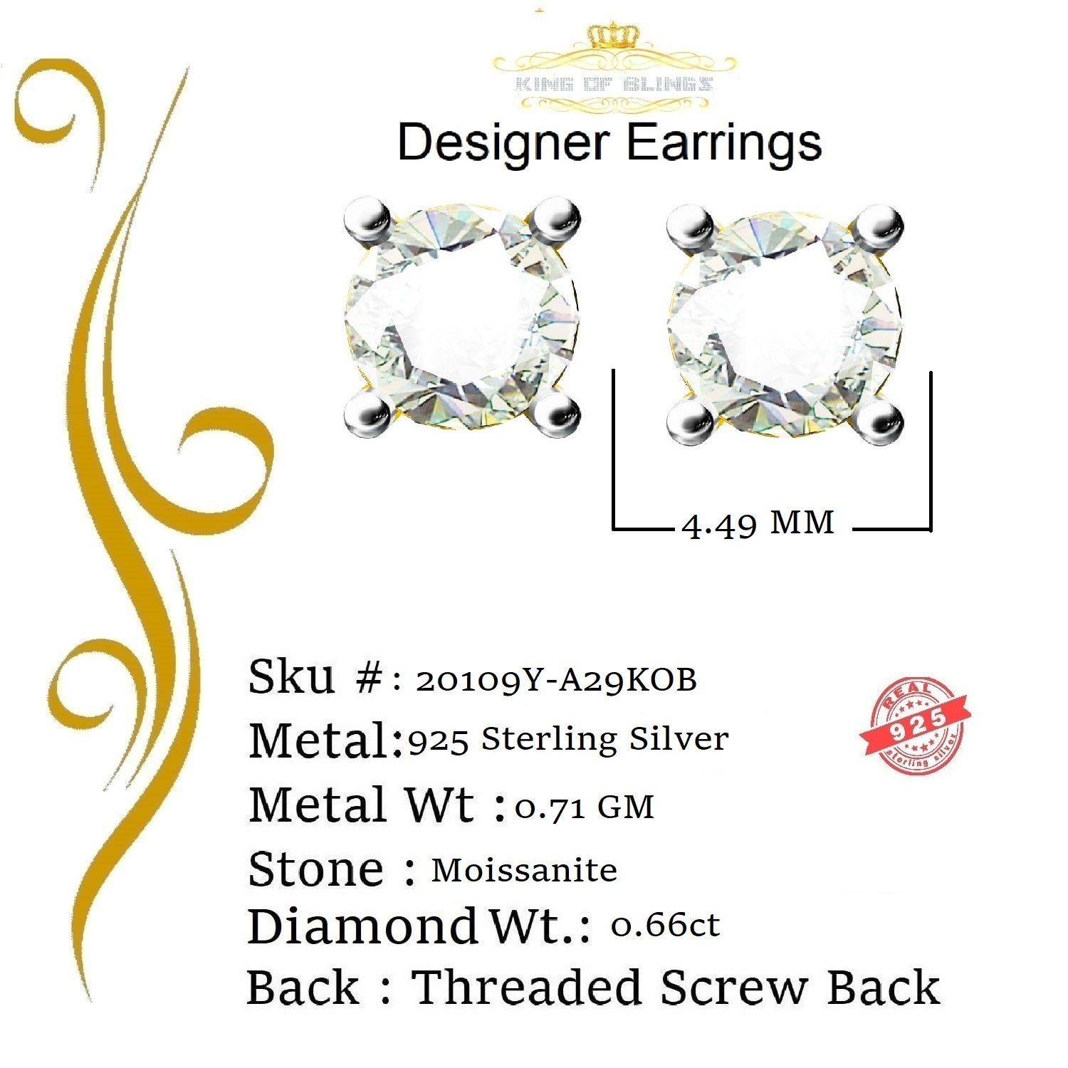 King  of Bling's Men's/Women's 925 silver Yellow 0.66ct VVS 'D' Color Moissanite Stud Earrings KING OF BLINGS
