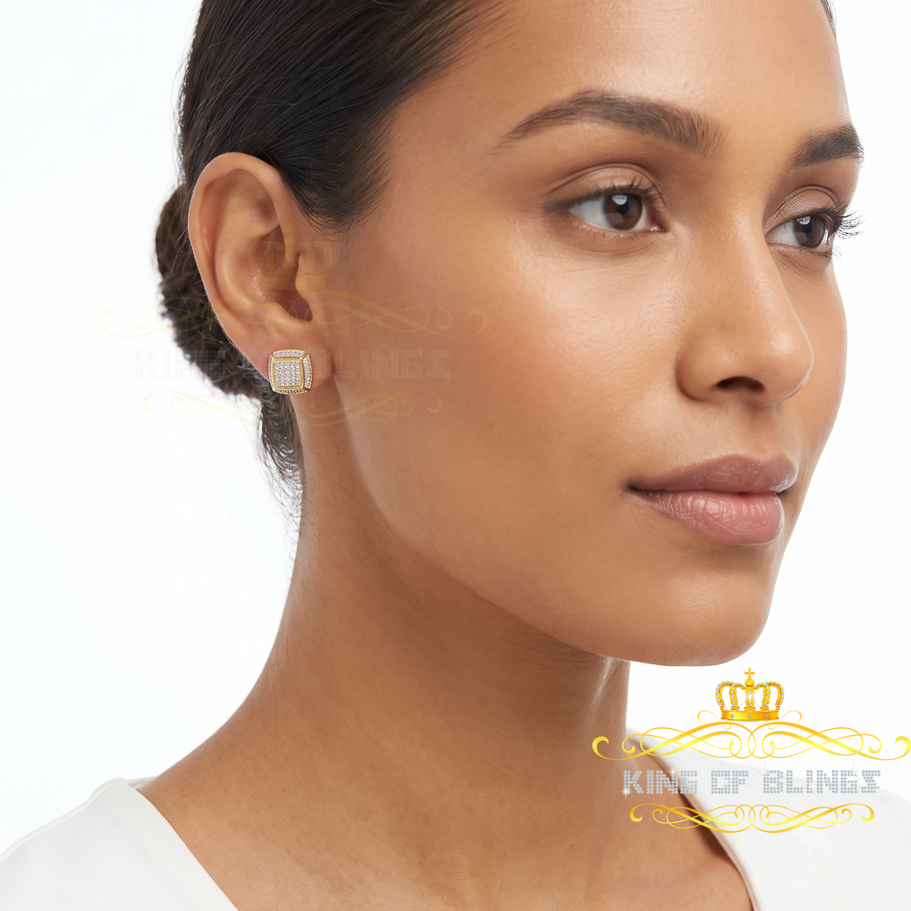 King of Blings-0.10ct Diamond Stud Earrings For Women Yellow 925 Sterling Silver Stud For Men KING OF BLINGS