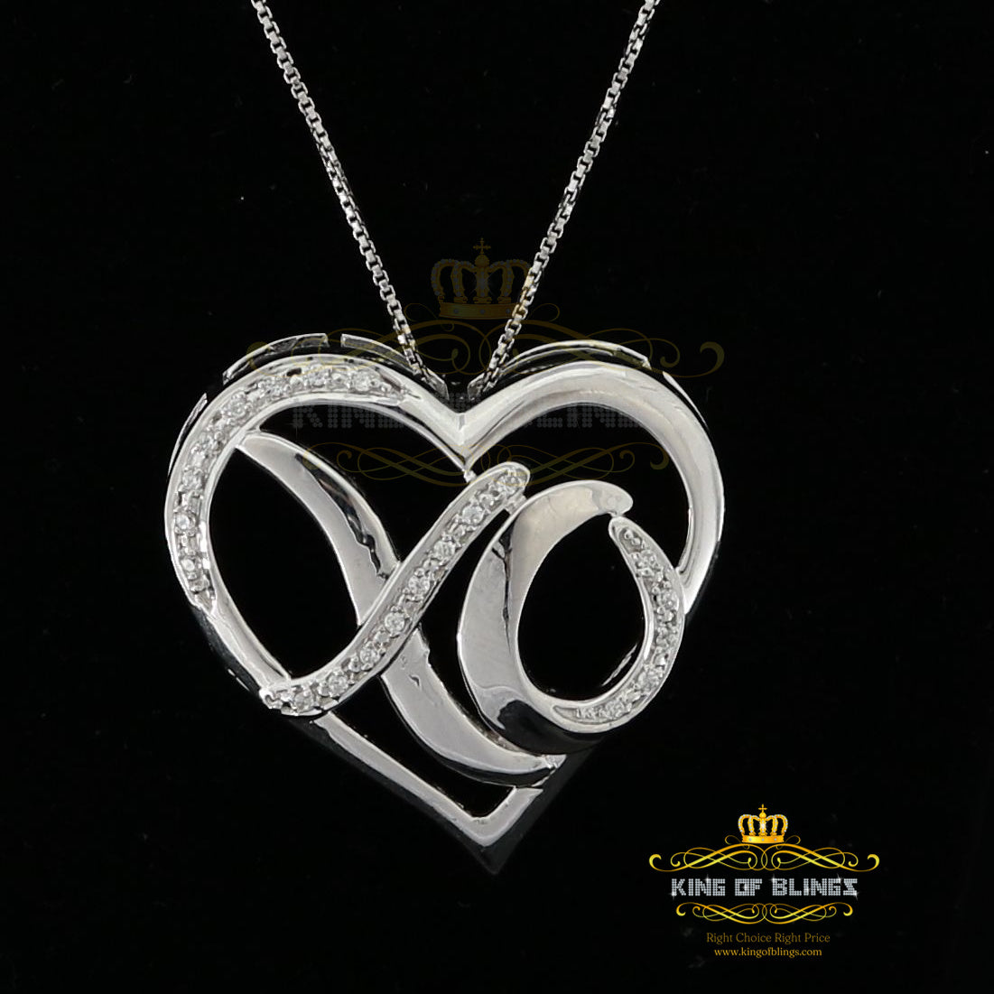 King Of Bling's White 925 Sterling Silver Heart and XO Shape Pendant 0.21ct Cubic Zirconia Stone