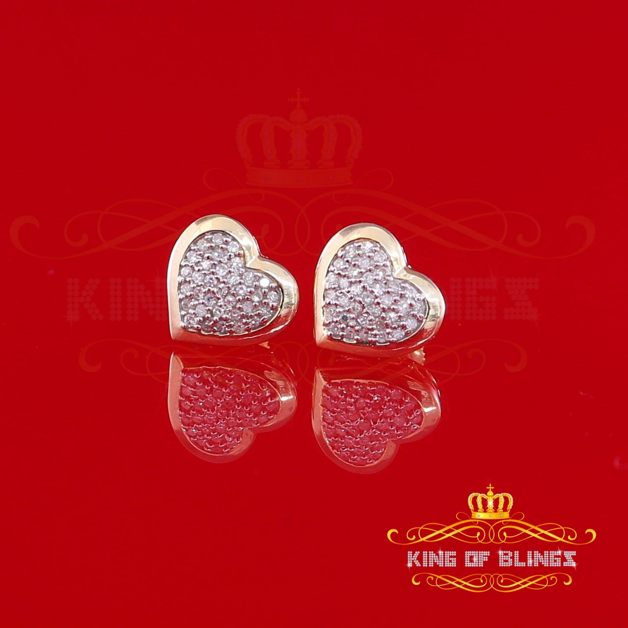 King Of Bling's 10K Real Yellow Gold Real Diamond 0.25CT Men's/Women's Stud Micro Heart Earring