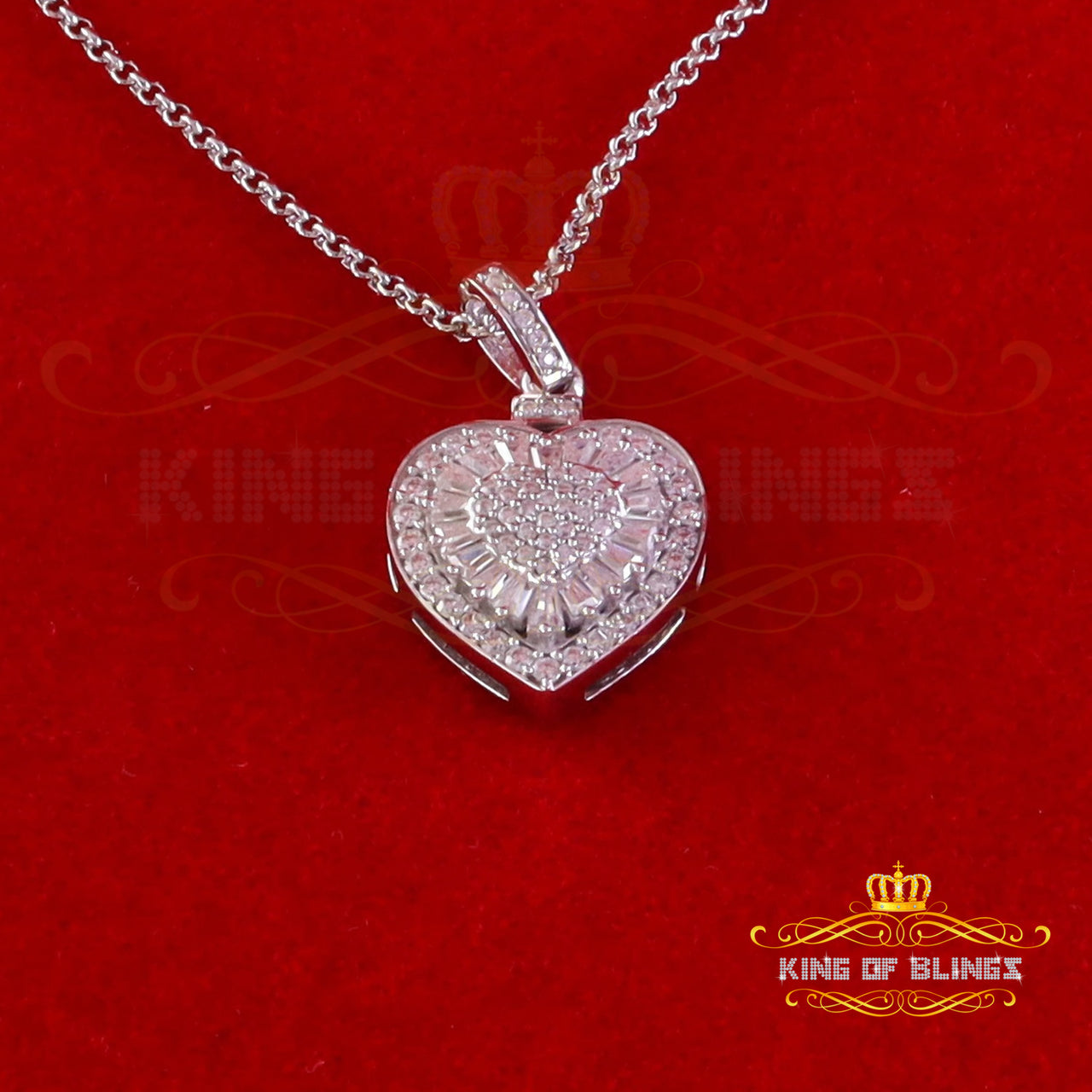 King Of Bling's 925 White Silver 1.00ct Moissanite Baguette & Round Heart Pendant for Womens KING OF BLINGS