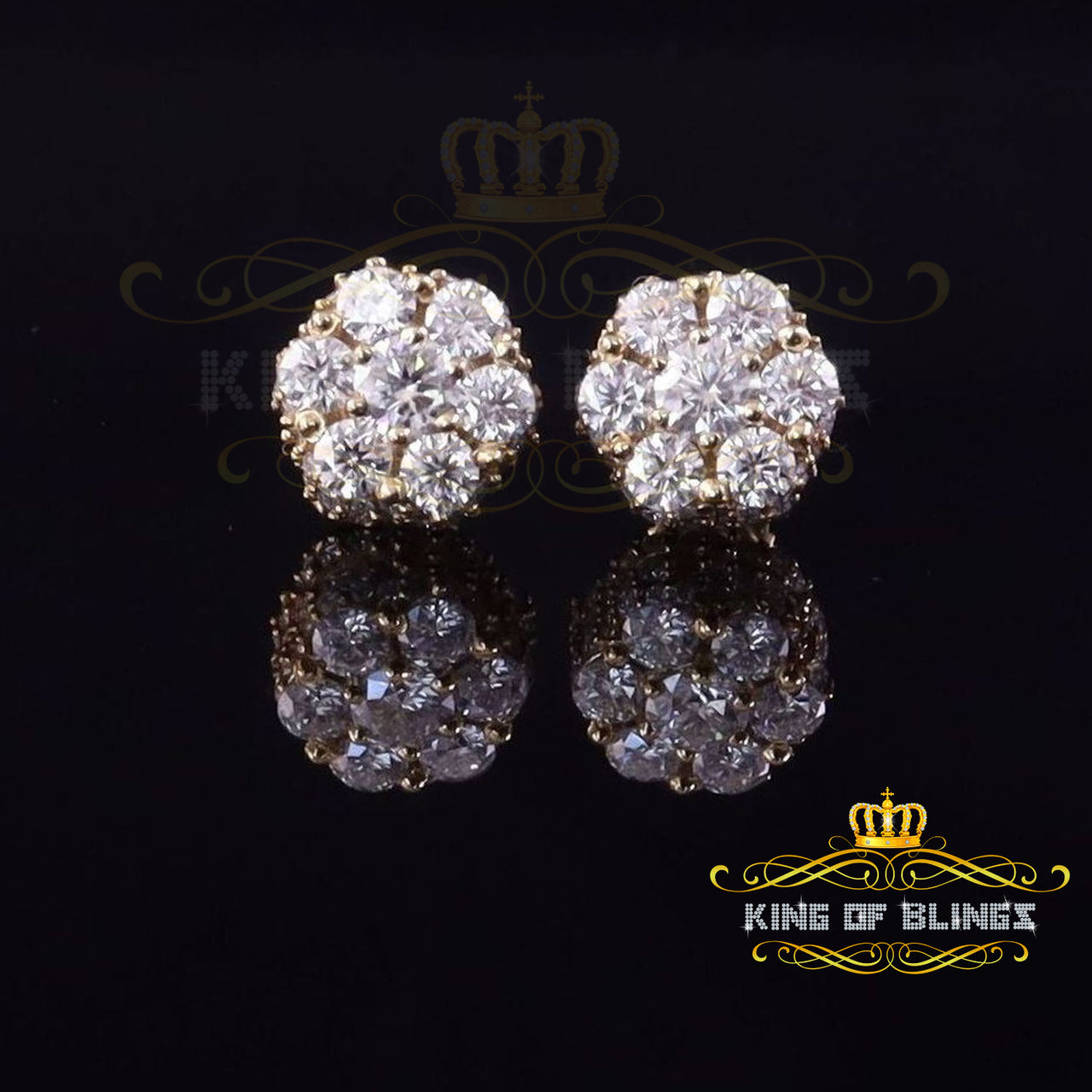King  of Bling's 925 Silver Yellow 1.50ct VVS 'D' Men's & Womens Moissanite Floral Stud Earrings