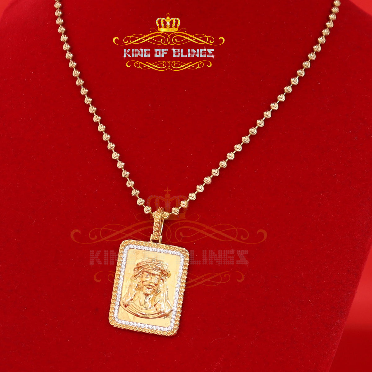 King Of Bling's Men's Square JESUS Yellow 925 Sterling Silver 0.66ct CZ '1.00'inch 3D Pendant KING OF BLINGS