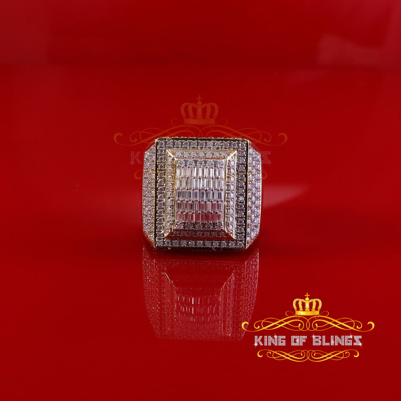 King of Bling's Men's baguette 925 Yellow Silver 4.00ct VVS 'D' Moissanite 3D Square Rings SZ 10