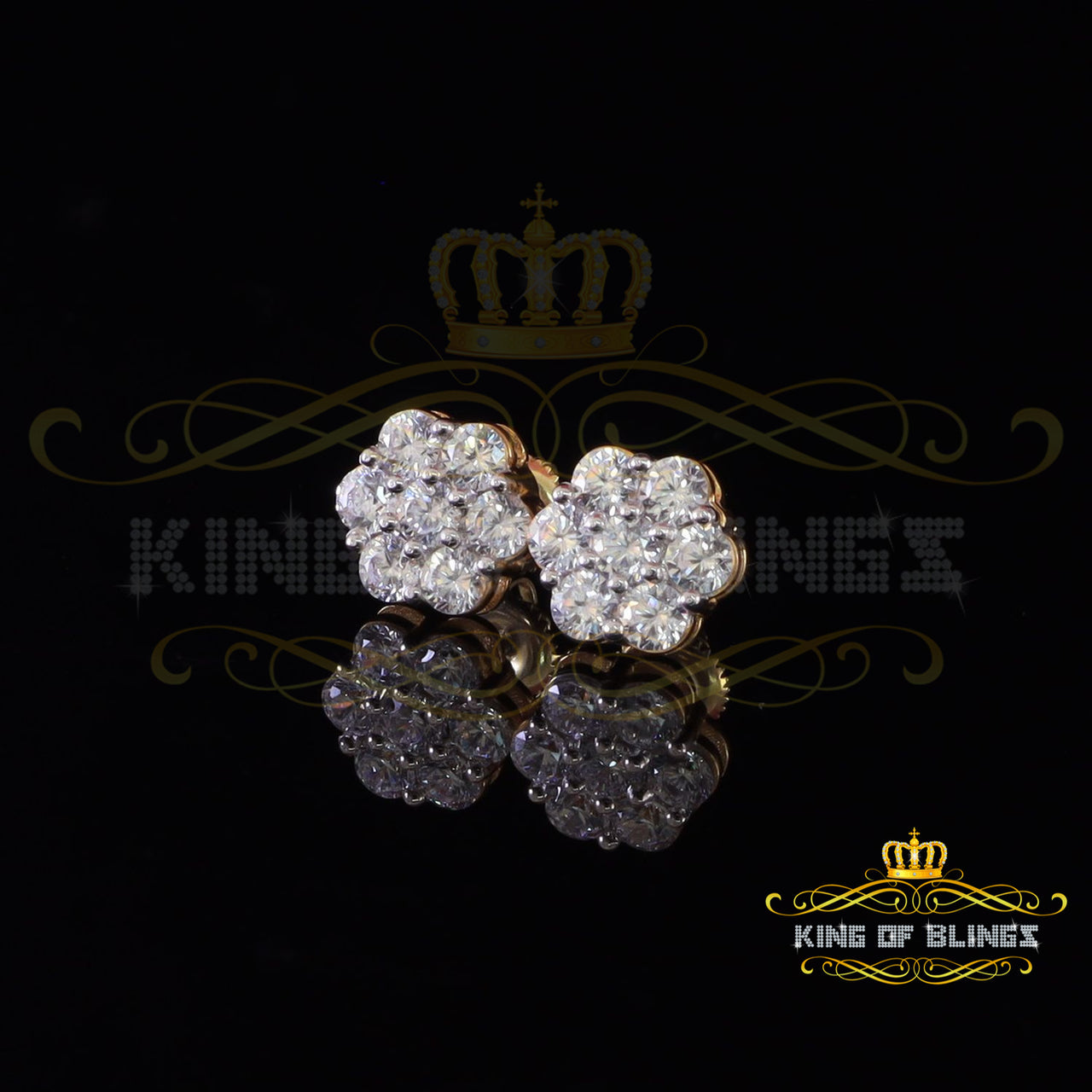 King of Bling's 4.34ct Cubic Zirconia 925 Yellow Silver Women's & Men's Hip Hop Floral Earrings