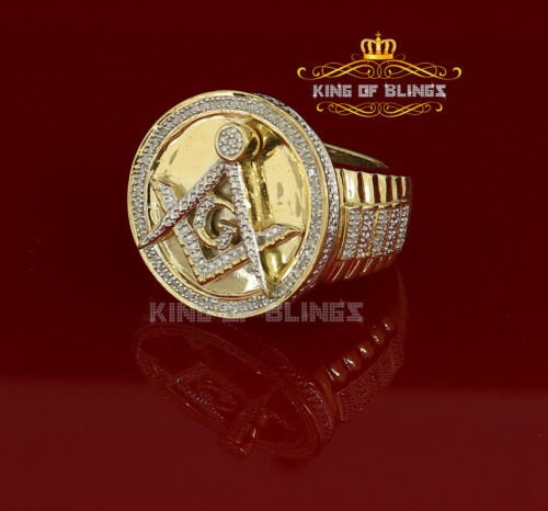 King Of Bling's 0.25ct Real Diamond Men's Silver 925 Yellow Adjustable Ring From Size 10 to 12