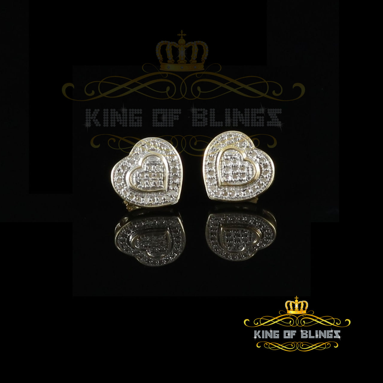 King of Blings-0.10ct Diamond Heart Earring Yellow 925 Sterling Silver Stud For Men's & Women's KING OF BLINGS