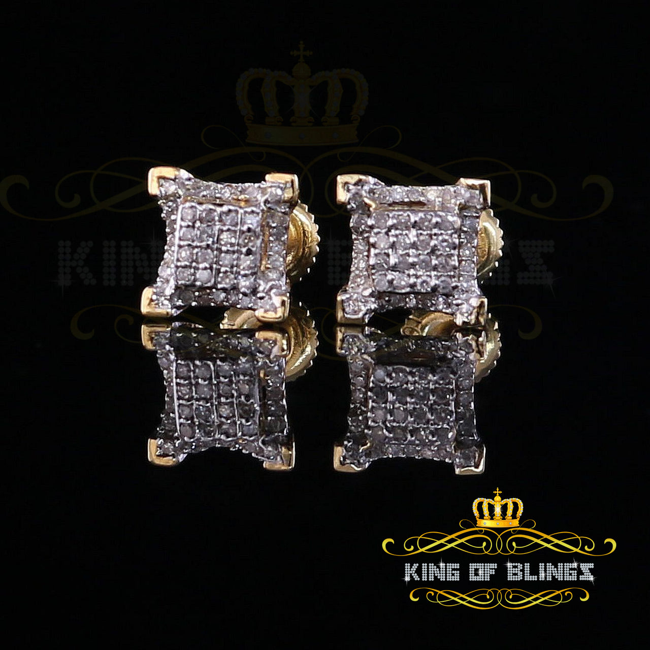 King Of Bling's 10K Real Yellow Gold Real Diamond 0.20CT Men's/Women's Square Stud Micro Earring