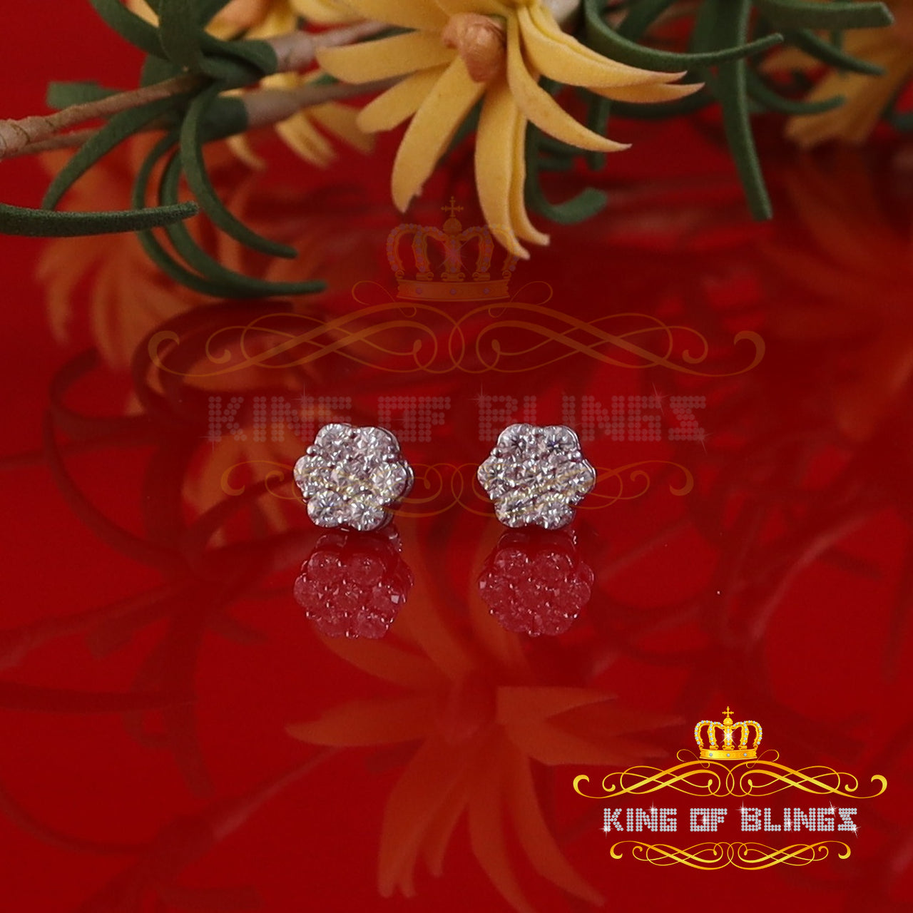 King Of Bling's 1.0ct Vvs 'D' Color Genuine Moissanite Stud FLORAL Earrings 10k Real White Gold