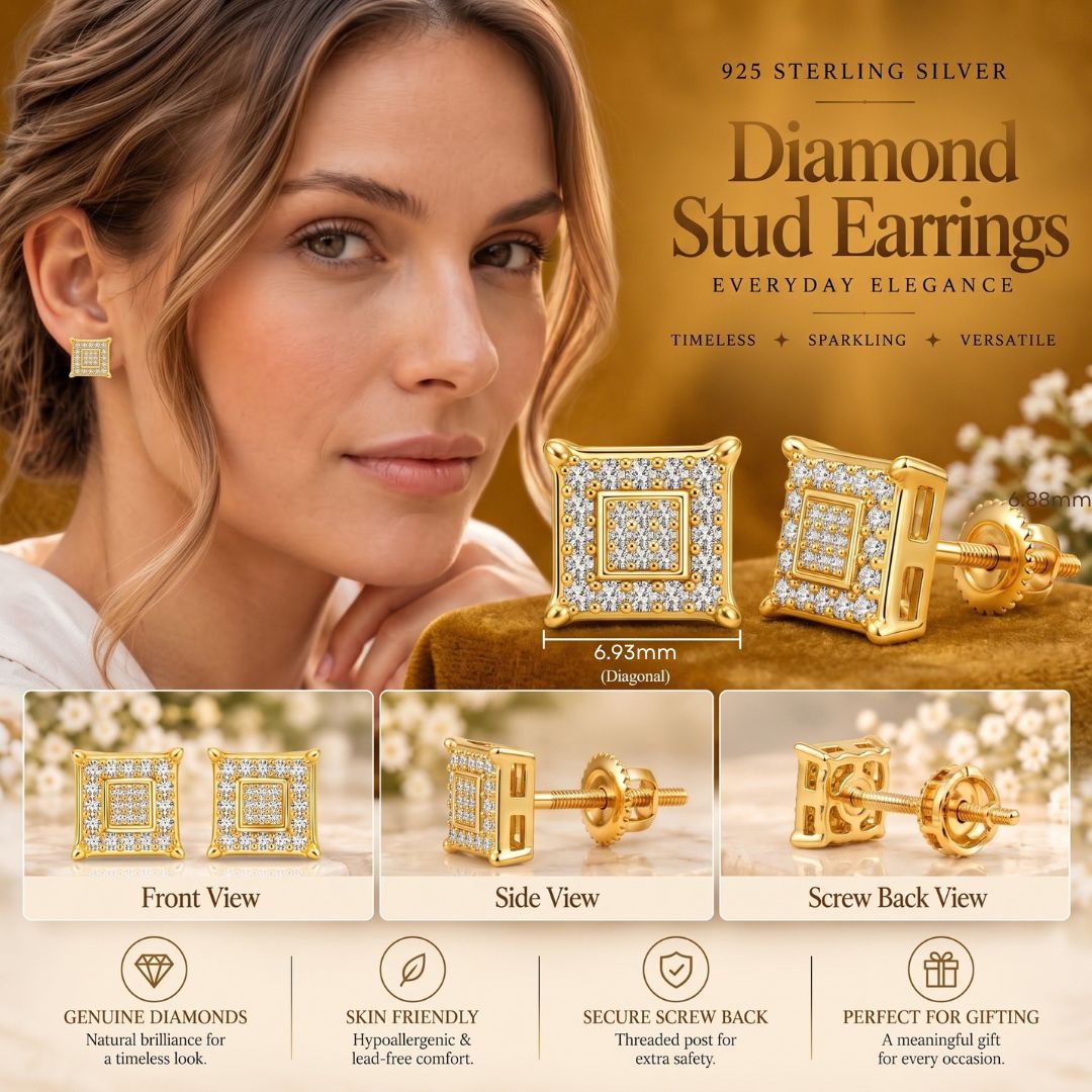 King Of Bling's 0.05ct Diamond 925 Sterling Silver Yellow Stud Women's & Men's Square Earrings KING OF BLINGS