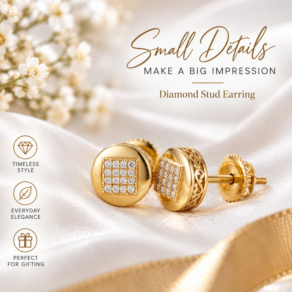 King Of Bling's 0.10ct Diamond 925 Sterling Silver Yellow For Women's & Men's Round Stud Earring KING OF BLINGS