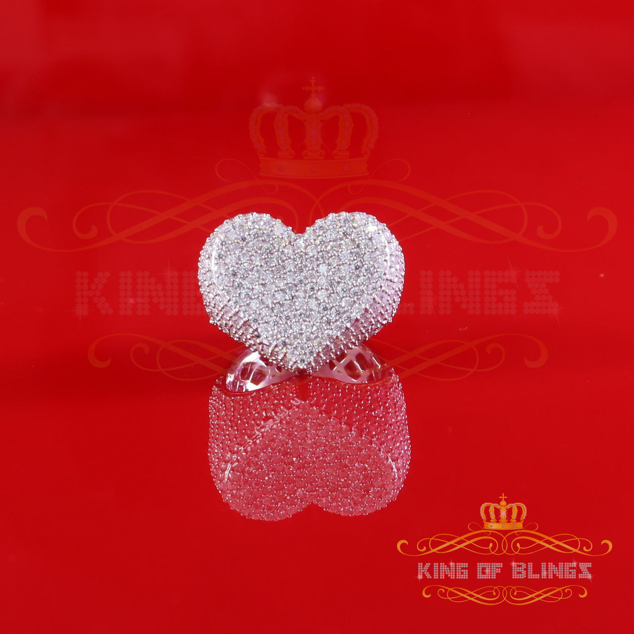 King of Bling's Sterling Women's 925 White Silver 5.00ct VVS D Moissanite Big Heart Ring Size 8