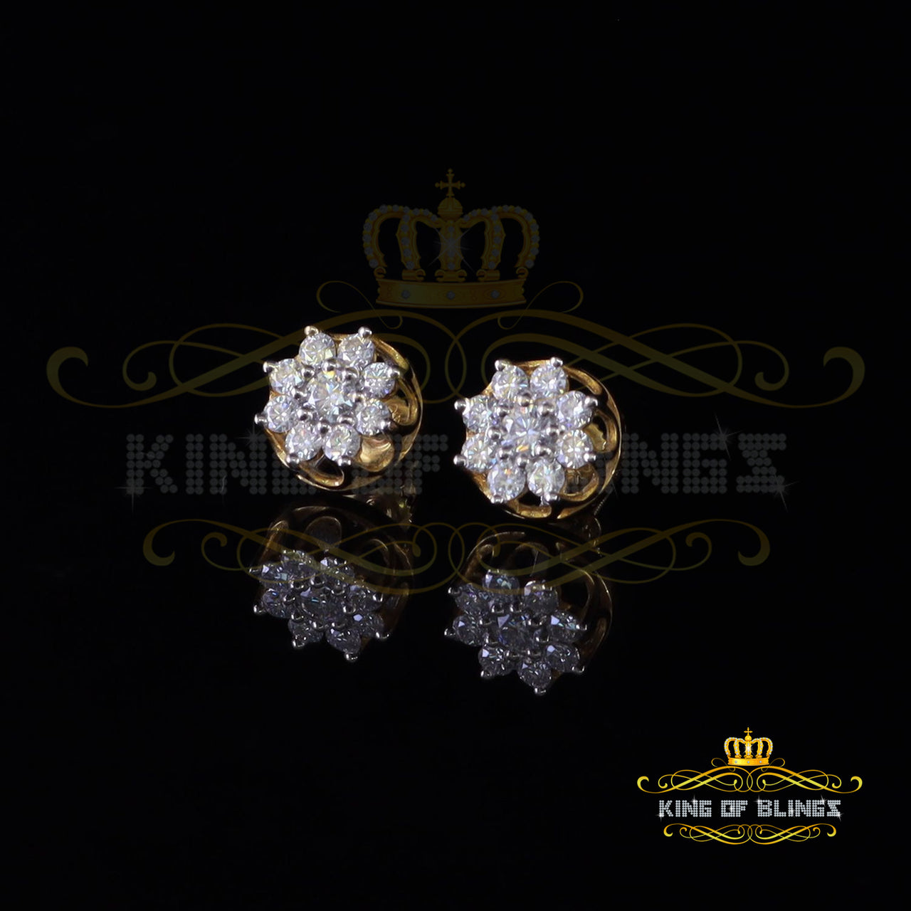 King Of Bling's FLORAL Earrings 10k Real Yellow Gold 1.00ct Vvs 'D' Color Genuine Moissanite