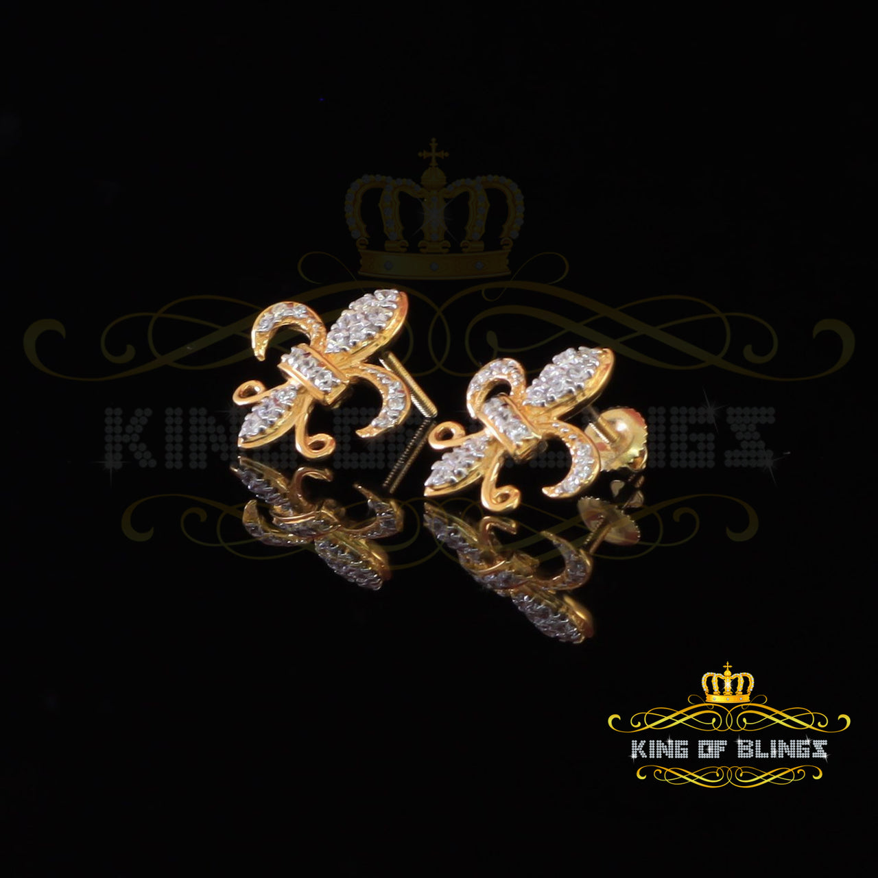 King of Bling's 925 Yellow Silver Women's Fleur de Lis Screw Back 0.36ct Cubic Zirconia Earrings