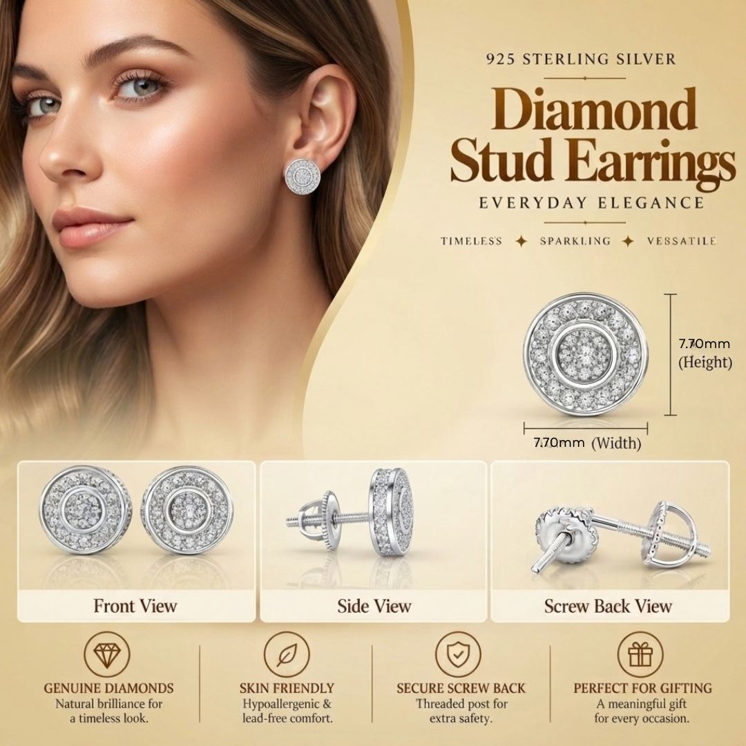 King Of Bling's 0.10ct Diamond 925 Sterling Silver White For Men's / Women's Round Style Earring KING OF BLINGS