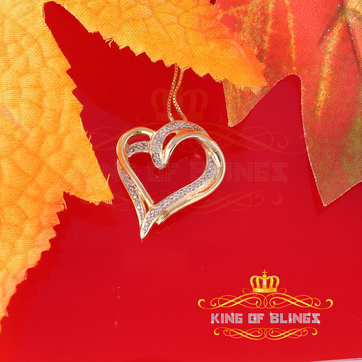 King Of Bling's Real 0.10 ct Diamond 925 Sterling Silver HEART Charm Necklace Yellow Pendant KING OF BLINGS
