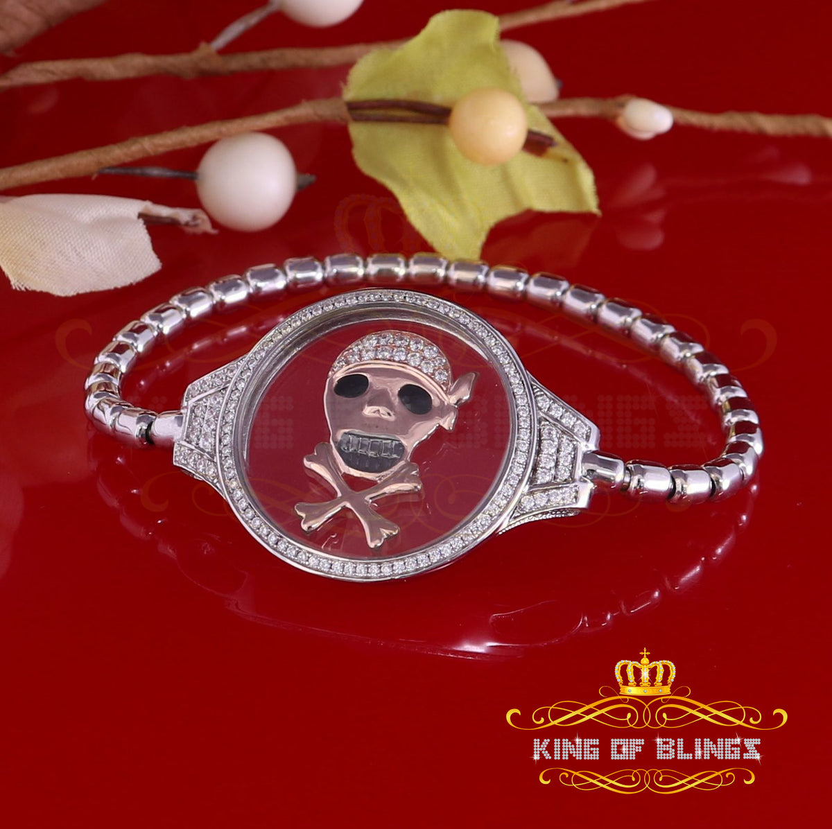 King Of Bling's Floating Face Skull Silver White Men's/Womens Bracelet Cubic Zirconia SZ 7 Inch KING OF BLINGS
