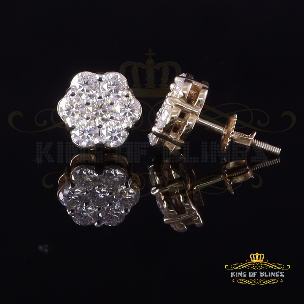 King  of Bling's Men's/Womens 925 Silver Yellow 1.66ct VVS 'D' Moissanite Floral Stud Earrings KING OF BLINGS
