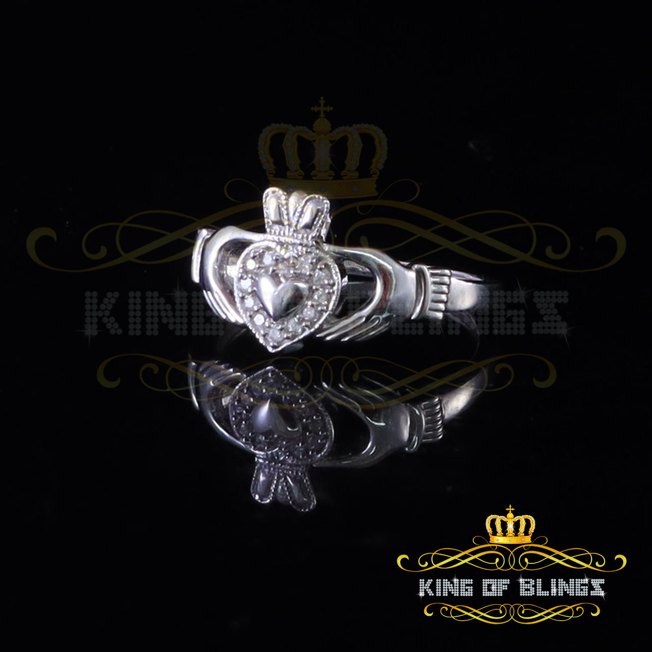 King Of Bling'sSterling White Silver 0.16ct Cubic Zirconia Claddagh Heart Crown Women Ring SZ 7