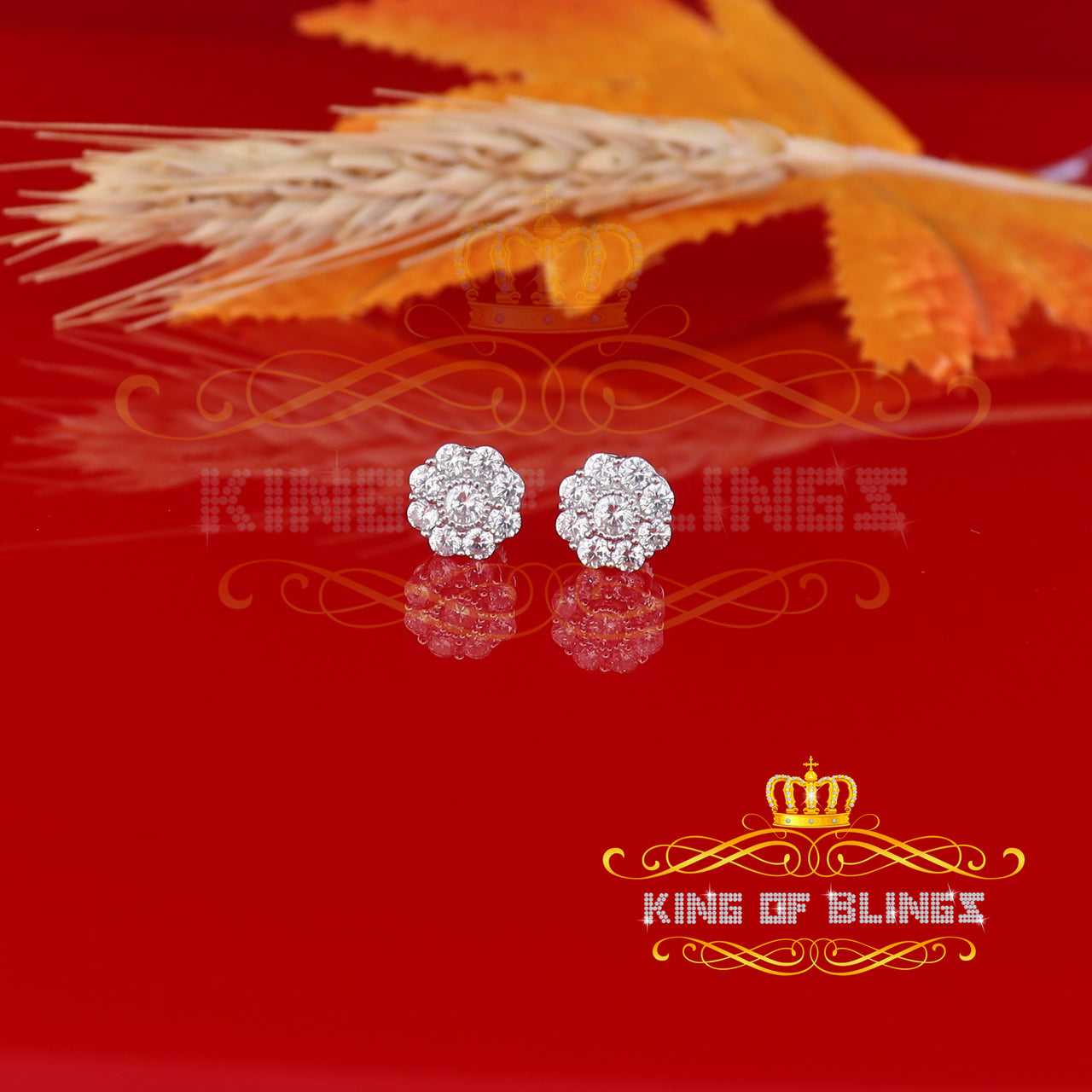 King of Blings- White 925 Silver 2.1ct Cubic Zirconia Women's & Men's Hip Hop Floral Earrings KING OF BLINGS