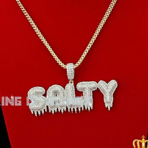 Yellow ''SALTY" DRIPPING 925 sterling Silver Pendant with16.58ct Cubic Zirconia KING OF BLINGS