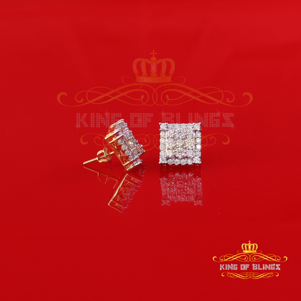 King Of Bling's 1.75ct Vvs 'D' Color Genuine Moissanite Stud SQUARE Earring10k Real Yellow Gold