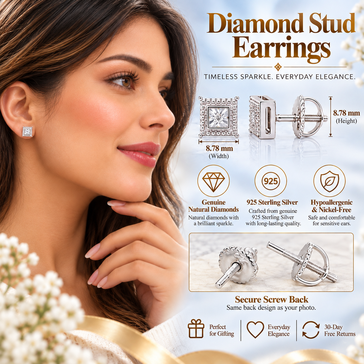 King Of Bling's 925 Sterling Silver White Hip Hop 0.01ct Diamond Men's & Women's Stud Earrings KING OF BLINGS