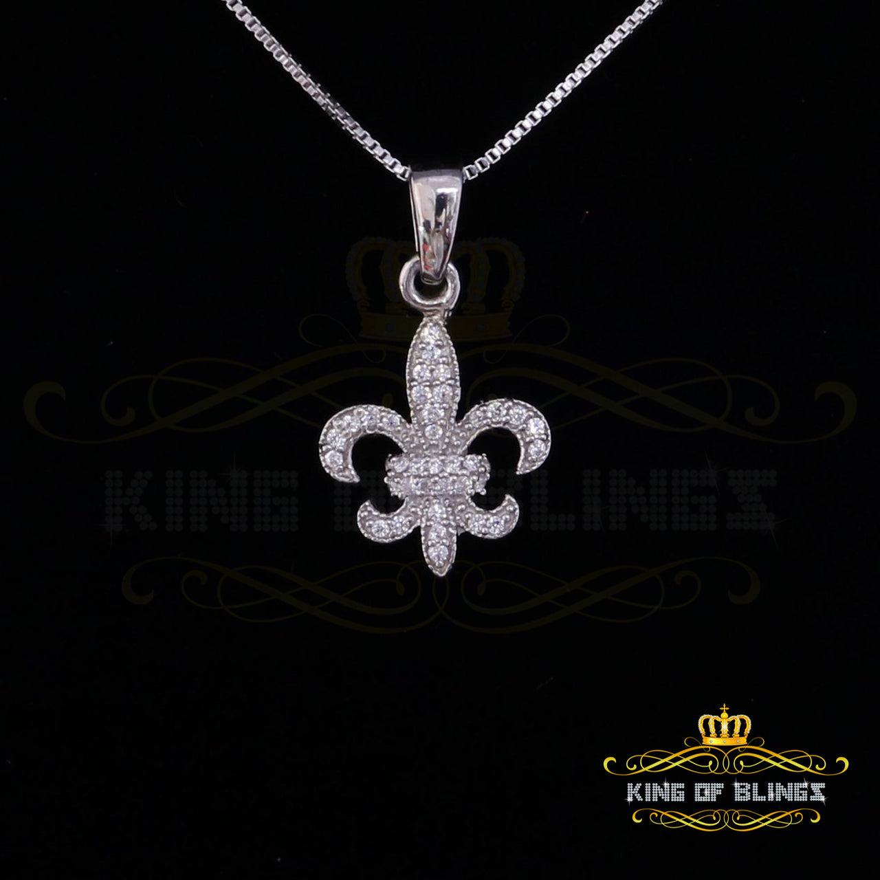 King Of Bling's 925 Sterling White Silver Fleur de Lis Shape Pendant with 0.38ct Cubic Zirconia KING OF BLINGS
