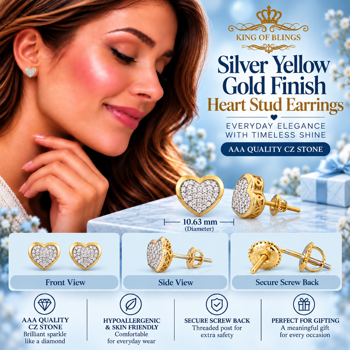 King of Bling's Aretes Para Hombre 925 Yellow Silver 0.71ct Cubic Zirconia Heart Women's Earring KING OF BLINGS