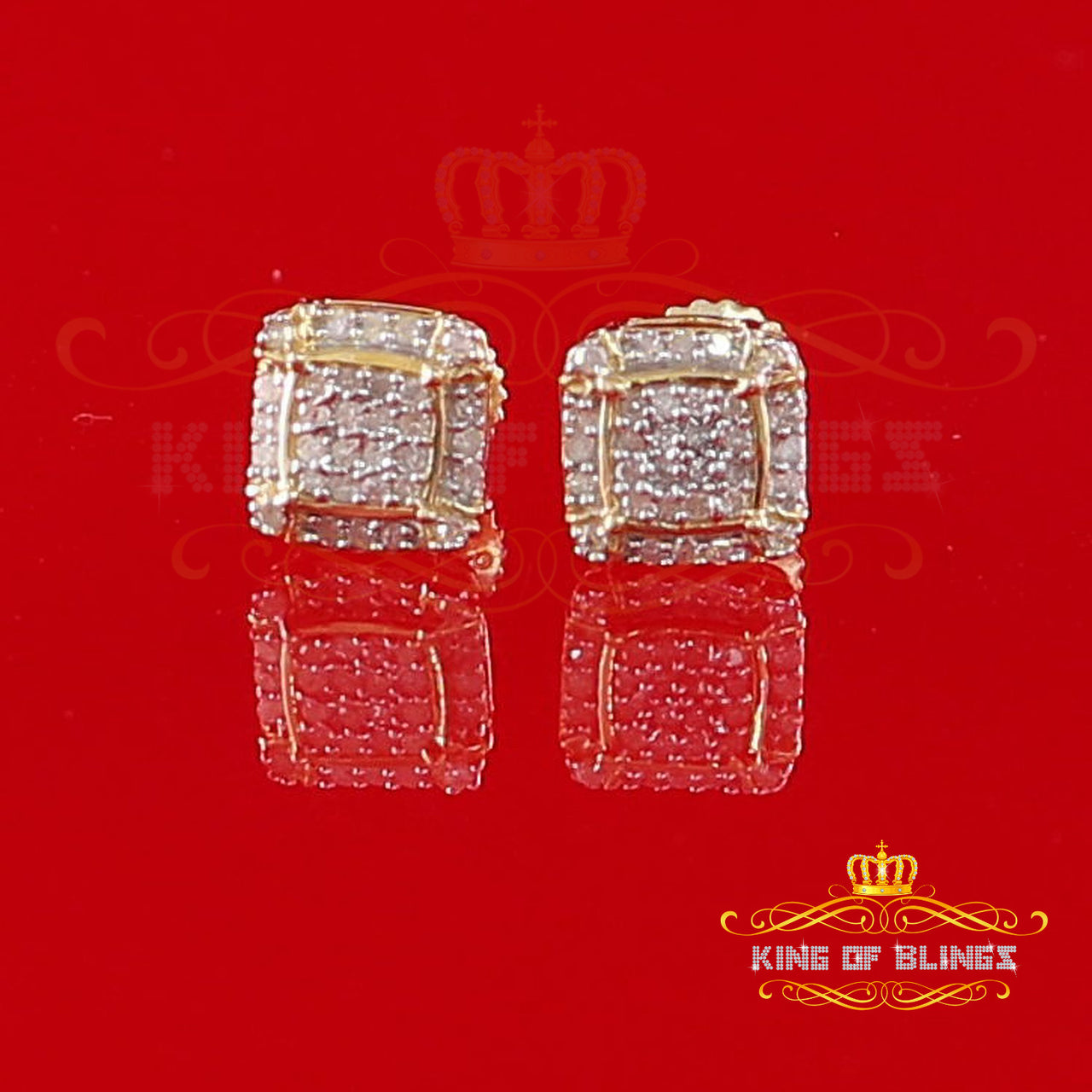 King Of Bling's 10k Real Yellow Gold Square Stud Earring with 0.15CT Diamond For Women And Men