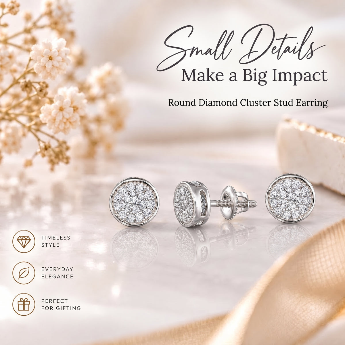 King Of Bling's 925 Sterling Silver 0.10ct Diamond For Women's & Men's White Stud Round Earring KING OF BLINGS