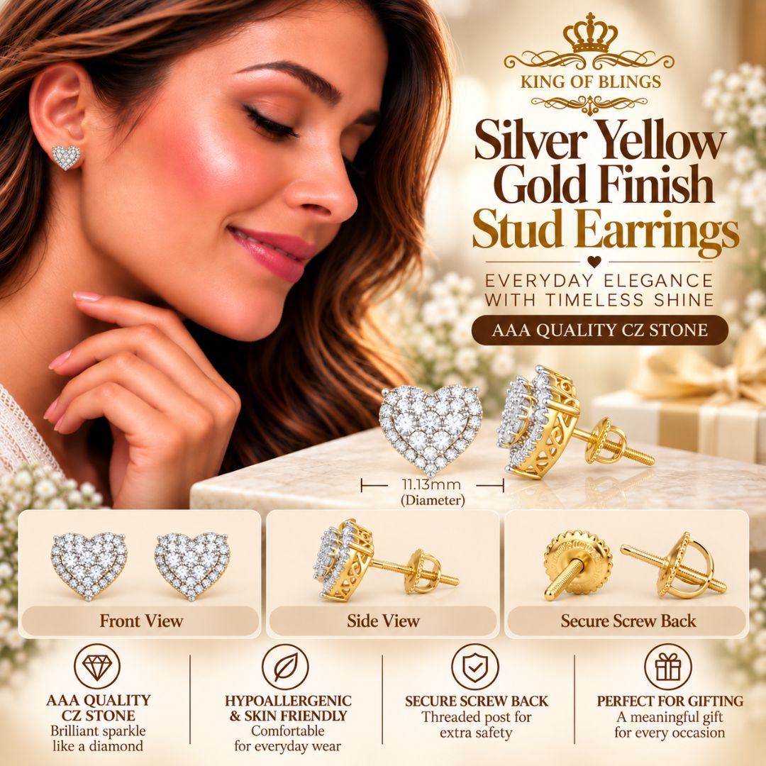 King of Bling's Aretes Para Hombre 925 Yellow Silver 1.64ct Cubic Zirconia Heart Women's Earring KING OF BLINGS