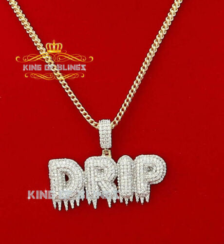Yellow "DRIP" Letter 925 Sterling Silver Shape Pendant 12.68ct Cubic Zirconia KING OF BLINGS
