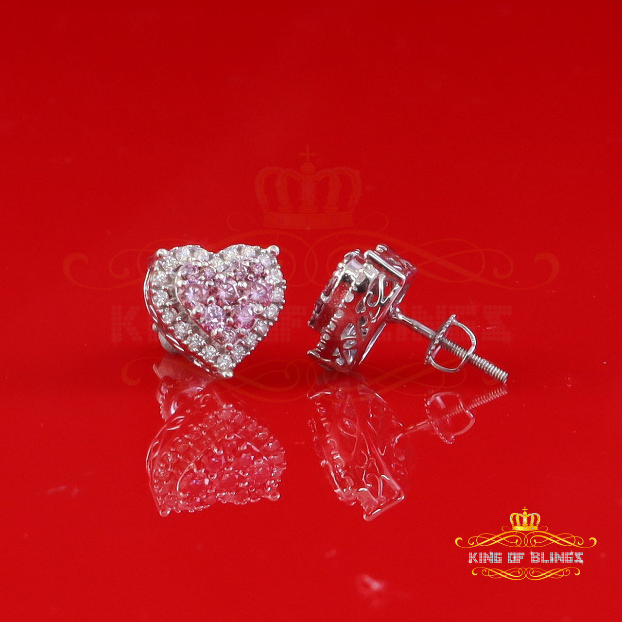 King of Bling's Men's/Women's 925 Silver White 1.00ct VVS 'D' Pink Moissanite 3D Heart Earrings