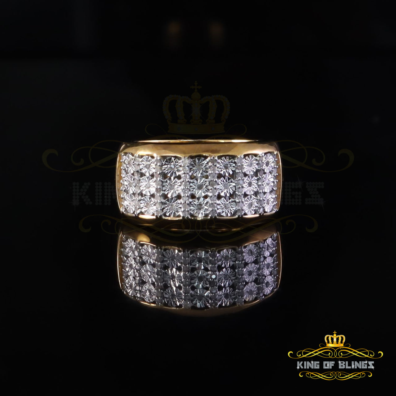 King Of Bling's Mirage Set Real 0.30ct Diamond 925 Yellow Silver Wedding Band Men's Ring Sz 10