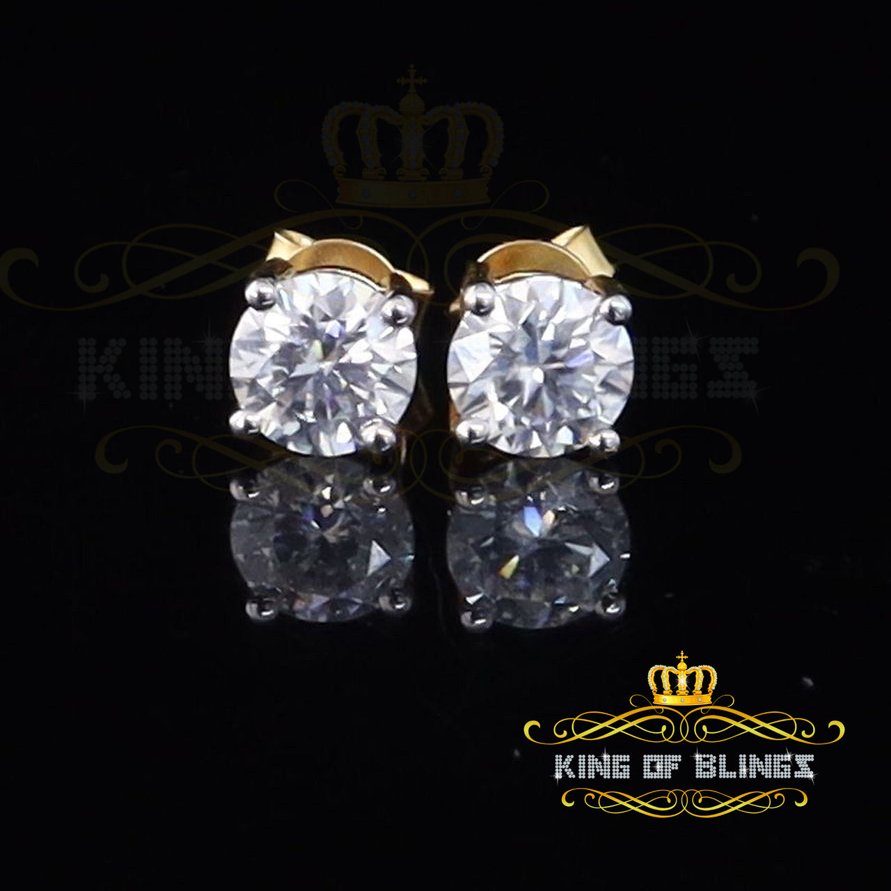 King Of Bling's 10k Real Yellow Gold with 2.50ct Round VVS 'D' Color Moissanite Stud Earrings